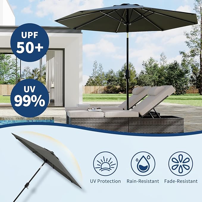 GarveeLife 9FT Patio Umbrella Outdoor, Table Umbrella with Push Button Tilt and Crank, 8 Sturdy Ribs UV Protection Waterproof for Garden, Pool, Market, Deck (Gray)