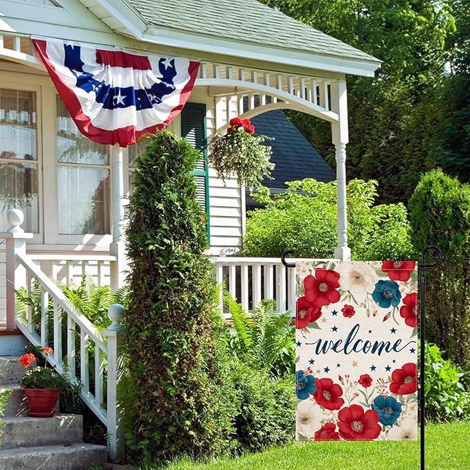 Patriotic Floral Welcome Garden Flag 12.5x18 Inch, Double Sided Burlap Red White Blue Flower Outdoor Yard Flag for Front Porch 4th of July Memorial Day Farmhouse Decor