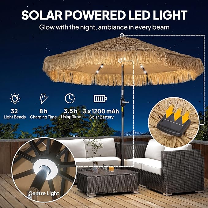 Outsunny 9 ft Hula Thatched Tiki Patio Umbrella with LED Solar Light, Tropical Hawaiian Style Outdoor Umbrella with Crank, Tilt, UPF30+, for Garden, Backyard, Deck, Pool, Khaki