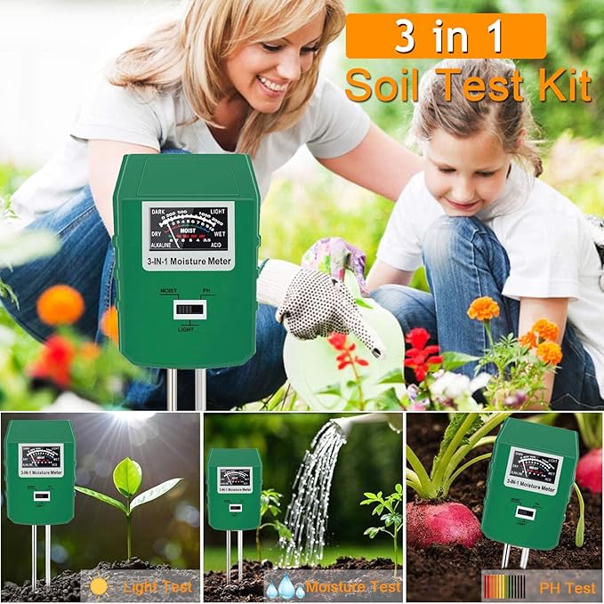 Soil Test Kit for Moisture, pH& Sunlight Meter,3 in 1 Soil Tester for Plant, Vegetables, Garden, Lawn, Farm, Indoor/Outdoor Use (No Battery Need) (Green 2.0)