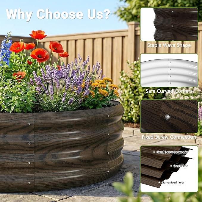 DoCred 3 Pack 3x3x1Ft Round Galvanized Raised Garden Bed, Metal Garden Bed Outdoor Kit for Gardening, Above Ground Planter Box for Plants Vegetables Herbs Flowers, Wood Grain