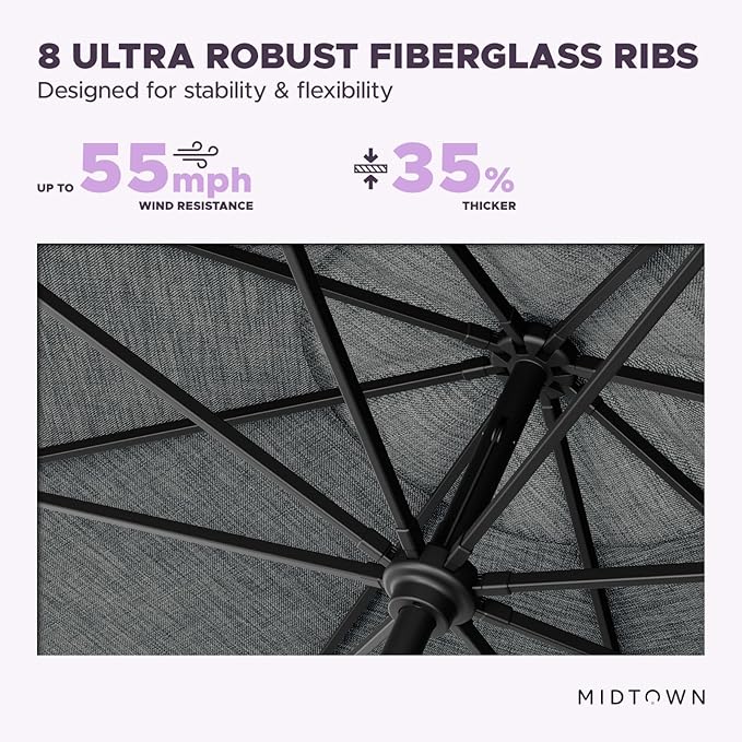 Midtown Umbrellas – The Swilt 8 Ft Patio Umbrellas with 360° Swivel & Tilt Mechanism, 8 Fiberglass Ribs & Terylast Polyester Fabric for Backyard, Deck, Pool & Cafes - Greige Canopy, Black Pole