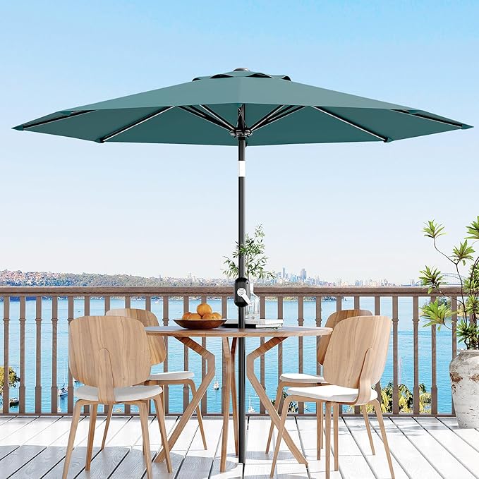 GarveeLife 9FT Patio Umbrella Outdoor, Table Umbrella with Push Button Tilt and Crank, 8 Sturdy Ribs UV Protection Waterproof for Garden, Pool, Market, Deck (Turquoise Blue)