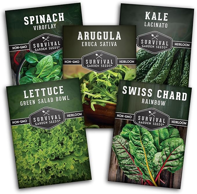 Leafy Greens Seeds Variety Pack – 5 Heirlooms: Viroflay Spinach, Arugula, Lacinato Kale, Salad Bowl Lettuce & Rainbow Swiss Chard – Cool Season Garden Collection - Survival Garden Seeds
