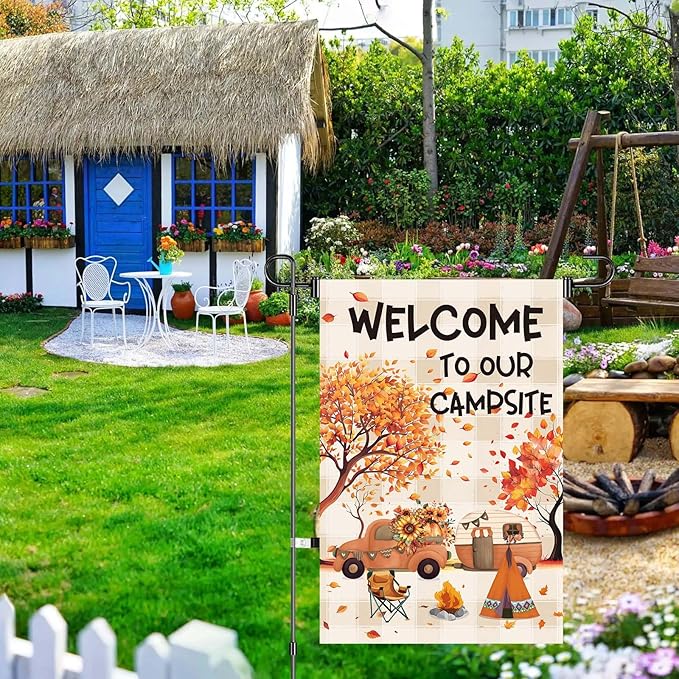 12x18inch Fall Camping Garden Flags Welcome To Our Campsite Garden Flag Double Sided Polyester Outdoor Decor Camping Flags For Campsite Home Yard Party Decoration (CP6)