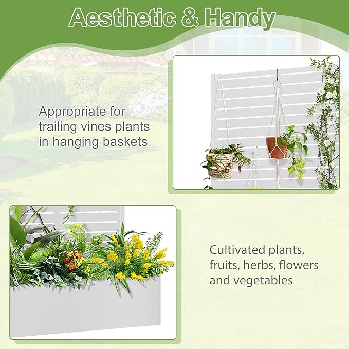 Trellis for Climbing Plants Outdoor，Mental Garden Bed with Drainage Holes Outdoor Privacy Screen Design Tall planters for herb Flower Vegetables 73"x35"x16", White-Louvered