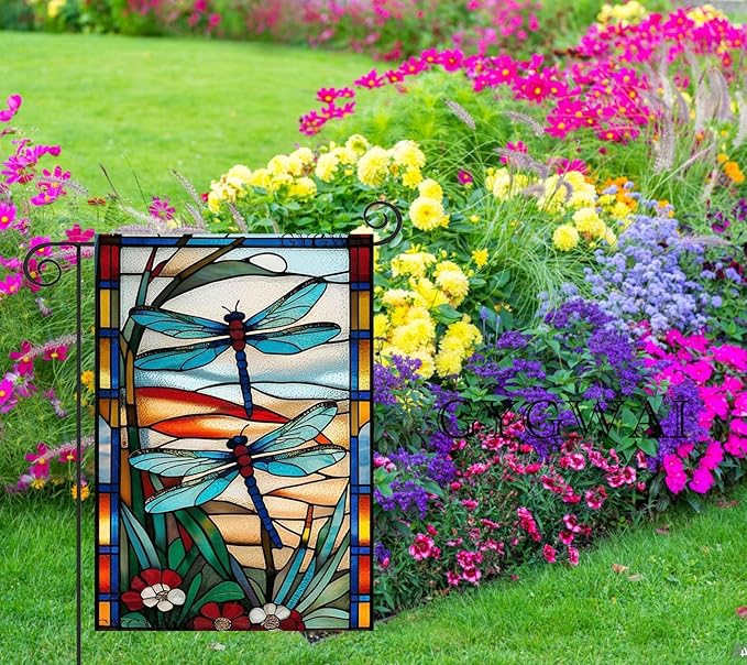 Spring Dragonfly Garden Flag 12x18 Inch Double Sided, Stained Glass Small Burlap Yard Flag for Summer Farmhouse Holiday Outside Decoration