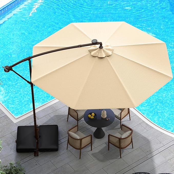 Tangkula 10FT Offset Patio Umbrella with Base Included, Outdoor Cantilever Umbrella with 32 Solar LED Lights, Tilt Adjustment, Crank Handle, Vented Top, Sand Bags for Pool Yard Deck (Beige)