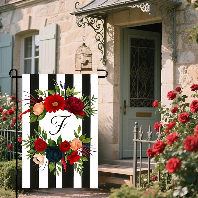 IVN Spring Floral Garden Flag With Mixed Flowers Letter F And Black And White Stripes Wreath Garden Flag Double Sided 12x18 Inch Vertical Farmhouse Yard Outdoor Decoration