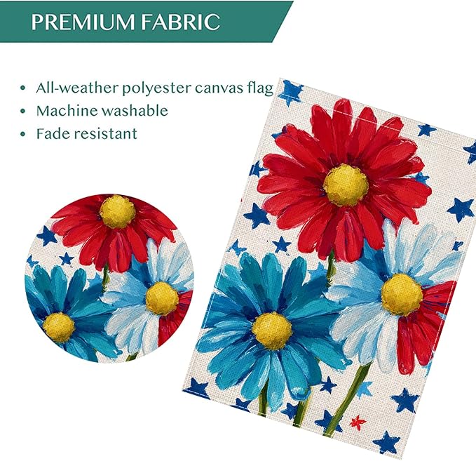 Patriotic Red White Blue Daisy House Flag 28x40 Inch, Double-Sided Floral Burlap Large Yard Flag, Rustic American Stars Flower Outdoor Flag for Porch Independence Day Decor