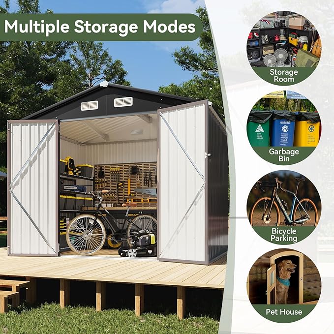 Aoxun 8x6 FT Outdoor Storage Shed Garden Metal Shed with Lockable Door Outdoor Large Shed for Tool, Garbage Can, Bike, Mower, Brown