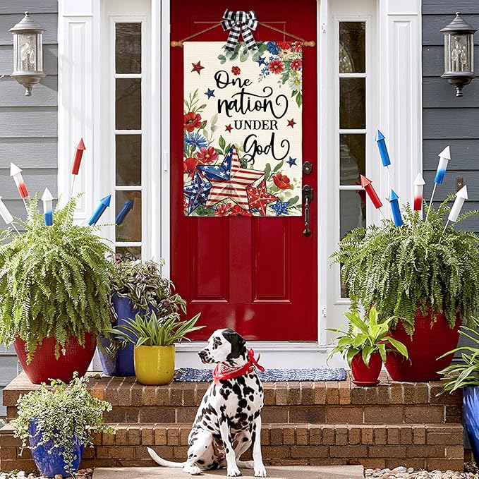 AVOIN colorlife Memorial Day Patriotic 4th of July House Flag 28x40 Inch Double Sided Outside, One Nation Under God Floral Yard Outdoor Decoration
