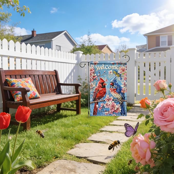 Nuxovilar Garden Flag Banner Cardinal Pair & Cherry Blossom Design 12x18in Polyester Garden Flags for Outside Yard Patio