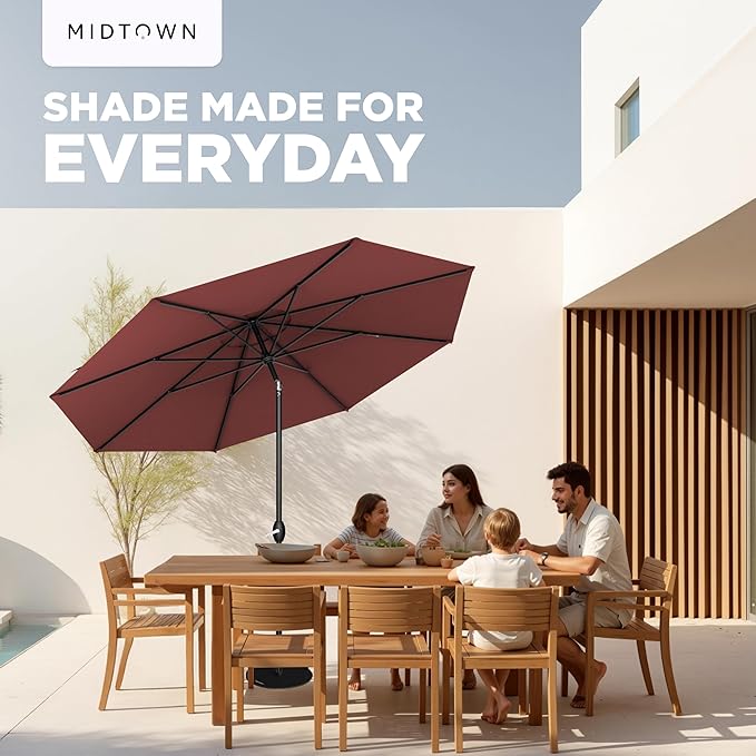Midtown Umbrellas - 10-Year-No-Fade 10 Ft Patio Umbrella with Terylast Fabric, Auto-Tilt Aluminum Frame and 8 Reinforced Ribs for Deck, Pool, Garden & Beach - Cherry Burgundy Canopy, Black Pole