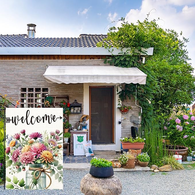 Summer Welcome Garden Flag Floral Mason Jar Double Sided 12x18 Inch Seasonal Welcome Yard Porch Decoration,for Outside Farmhouse Yard Outdoor Flag Outdoor Decoration