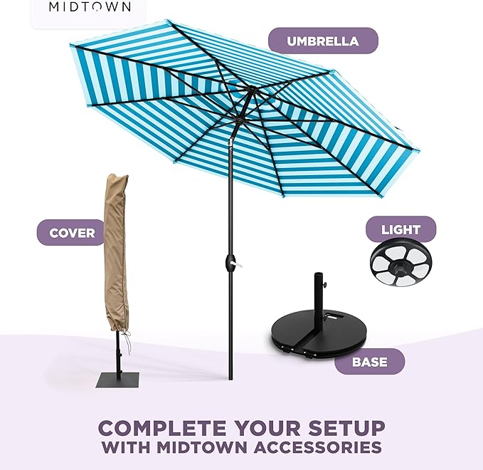 Midtown Umbrellas - 10-Year-No-Fade 10 Ft Patio Umbrella with Terylast Fabric, Auto-Tilt Aluminum Frame and 8 Reinforced Ribs for Deck, Pool, Garden & Beach - Blue/White Stripes Canopy, Black Pole
