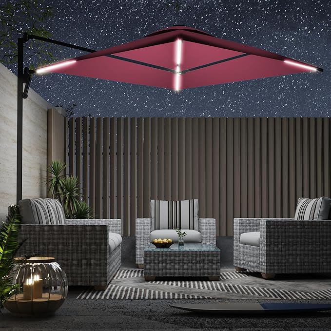 AECOJOY 10ft Solar LED Wall Mounted Outdoor Patio Umbrella, Rectangular Large Offset Cantilever Umbrellas with 180° Rotation Sun Canopy for Deck Pool Garden Backyard, Save Space, Red