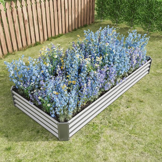 Metal Raised Garden Bed for Outdoor Use, 6 ft x 3 ft x 1 ft Rectangle Planter Box for Vegetables, Flowers, and Herbs - Silver (Silver with 8x4x1ft)
