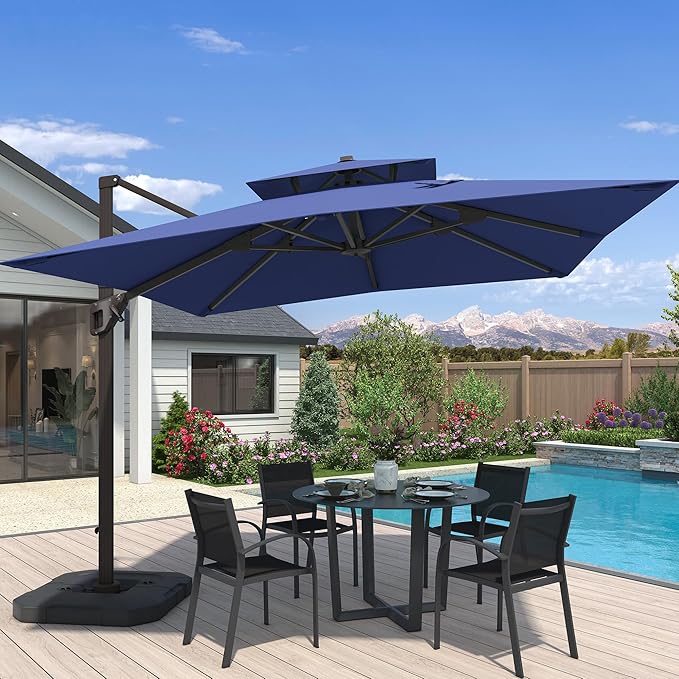 10x10 FT Cantilever Patio Umbrella Double Top Outdoor Square Large Heavy Duty Aluminum Offset Umbrellas with 7 Level Tilt 360-degree Rotation for Pool Garden Deck, Deep Navy