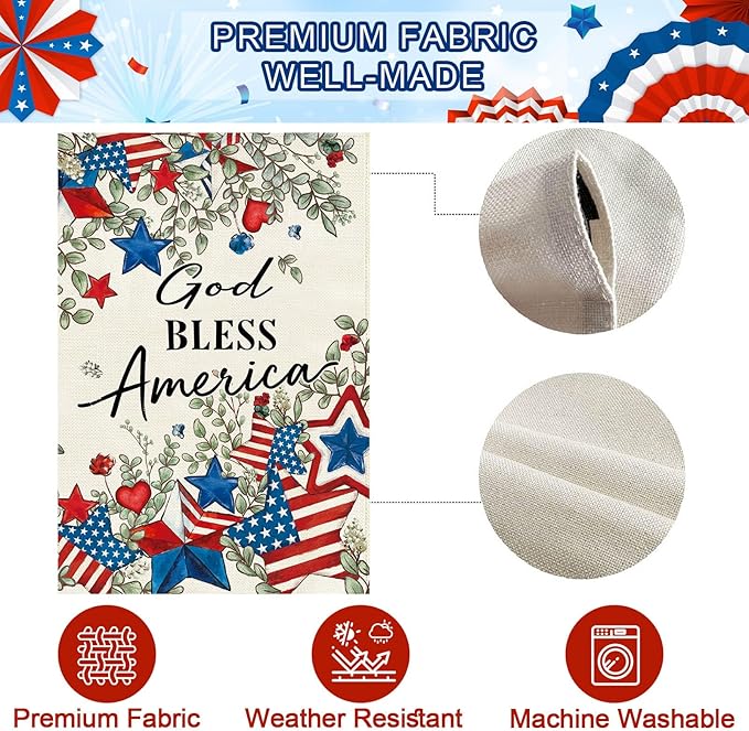 Baccessor Patriotic Garden Flag 12.5 x 18 Inch, Double Sided Burlap 4th of July Memorial Day Stars Floral Welcome Small Yard Flag for Porch Patio Seasonal Holiday Outdoor Outside Decor