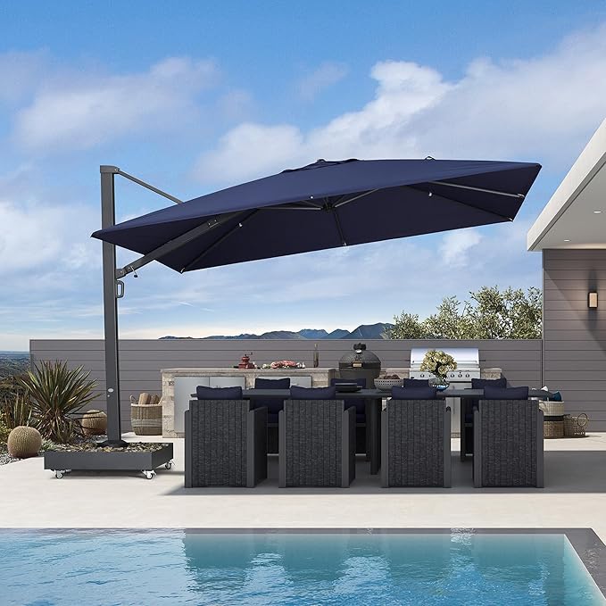 PURPLE LEAF 12' X 9' Rectangle Patio Umbrella Large Outdoor Aluminum Offset Umbrella with 360-degree Rotation Cantilever Umbrella for Garden Deck Backyard Pool Navy Blue