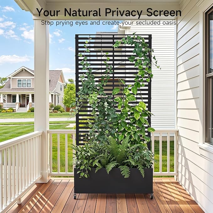 Metal Raised Garden Bed with Trellis and Wheels, 73" x 35" x 16" Planter Box with Trellis with Drainage Holes, Privacy Planters for Patio with Privacy Screen for Climbing Plants Flowers Vegetables