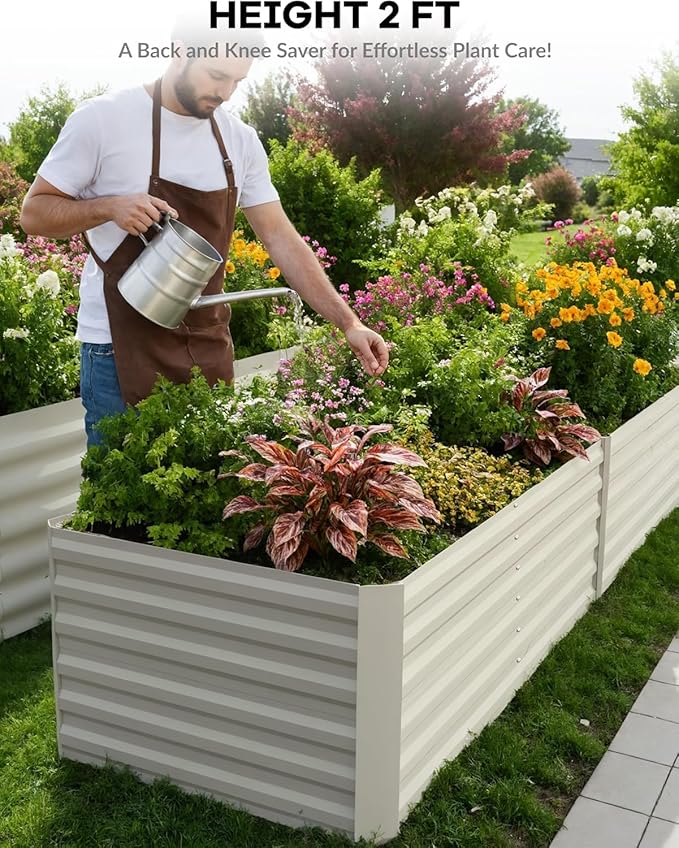 GAOMON 6x3x2 Ft Galvanized Metal Raised Garden Bed, 24-Inch Tall Outdoor Planter Box for Vegetables, Herbs, and Flowers, Rust-Resistant Heavy-Duty Garden Beds for Backyard Gardening, Beige