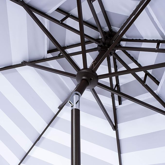 SAFAVIEH 9ft Outdoor Patio Umbrella, Double Top, Vienna Collection, Grey & White Stripe, Scallop edge, Crank, Button Tilt, UV Resistant for Deck, Backyard, Poolside (PAT8211B)