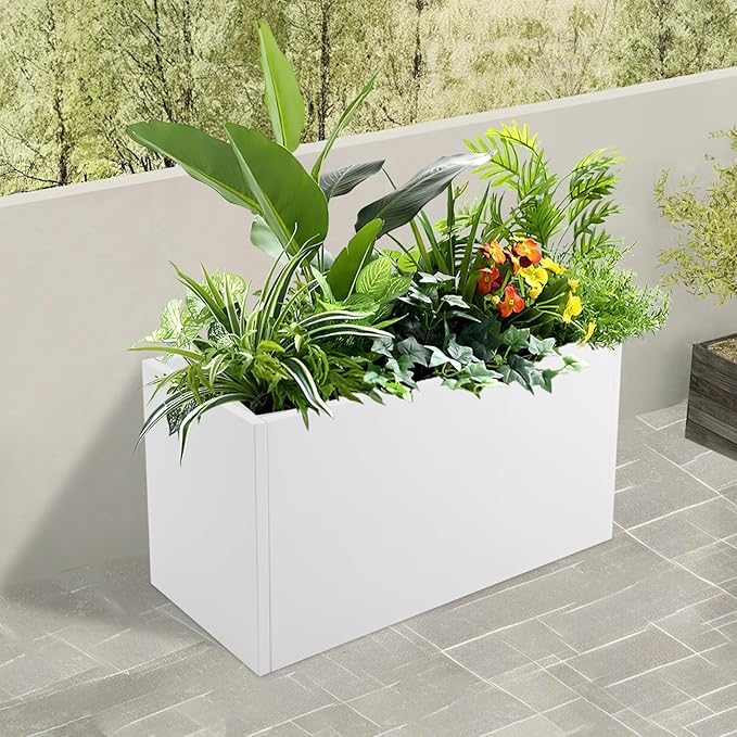 Metal Planter Box, Tall Rectangular Raised Garden Bed with Removable Shelf and Drainage Holes, Modern Steel Garden Planter, Flower Planter Boxes for Patio, Yard & Porch, Outdoor (White, 38*16*20in)