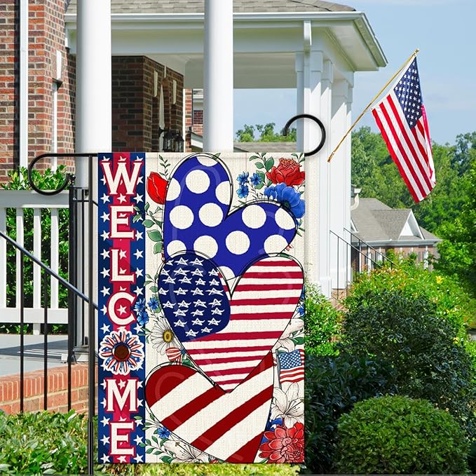 Independence Day Garden Flag for Outside,4th of July Patriotic Welcome Yard Flags,American Stars and Stripes Love Heart Memorial Day Lawn Porch Outdoor Decor 12x18 Double Sided