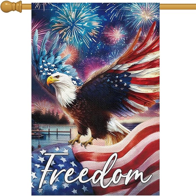 Louise Maelys 4th of July Garden Flag Freedom Bald Eagle Independence Day 28x40 Inch Double Sided Welcome Stars and Stripes Large Burlap Yard Sign Outside Outdoor House Decor