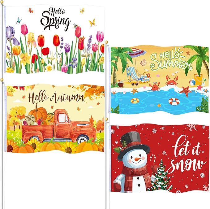 Batiyeer 4 Pcs Seasons Garden Flag for Outside Double Sided 3 x 5 ft Spring Summer Autumn Winter Holiday House Flag Banner with Grommets Photo Backdrop Outdoor Party Supplies(Stylish Style)