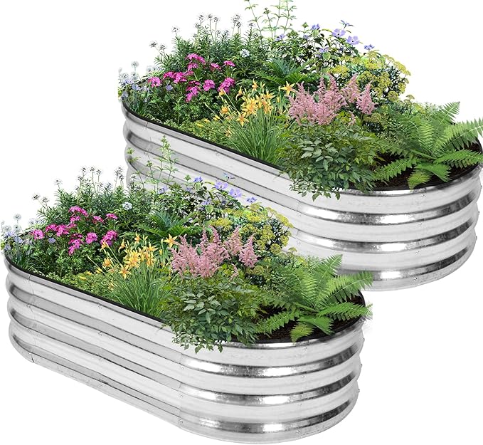 Galvanized Raised Garden Bed - 4×2×1ft (2 Packs) Planter Raised Beds for Gardening | Oval Metal Garden Planter Box with Safety Edging and Gloves for Vegetables Fruits and Flower - Silver