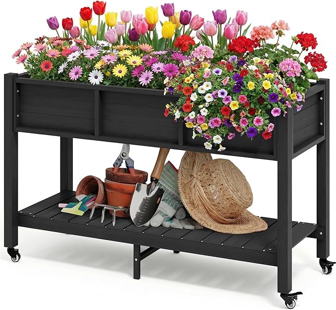DWVO 47x18x31in Raised Garden Bed Outdoor HDPE with Legs and Lockable Wheels, Weather-Resistant Poly-Wood Elevated Planter Box, Double Tier Planters for Backyard Patio Balcony, Black