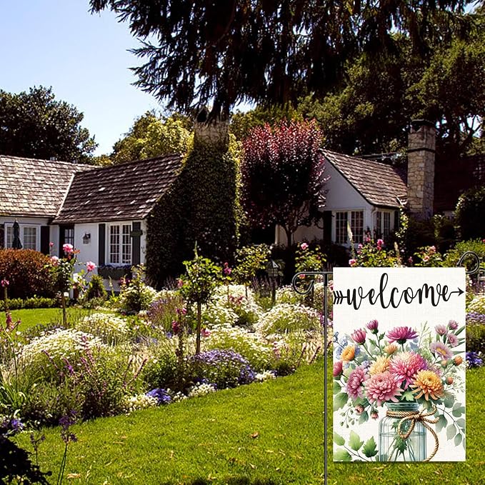 Summer Welcome Garden Flag Floral Mason Jar Double Sided 12x18 Inch Seasonal Welcome Yard Porch Decoration,for Outside Farmhouse Yard Outdoor Flag Outdoor Decoration