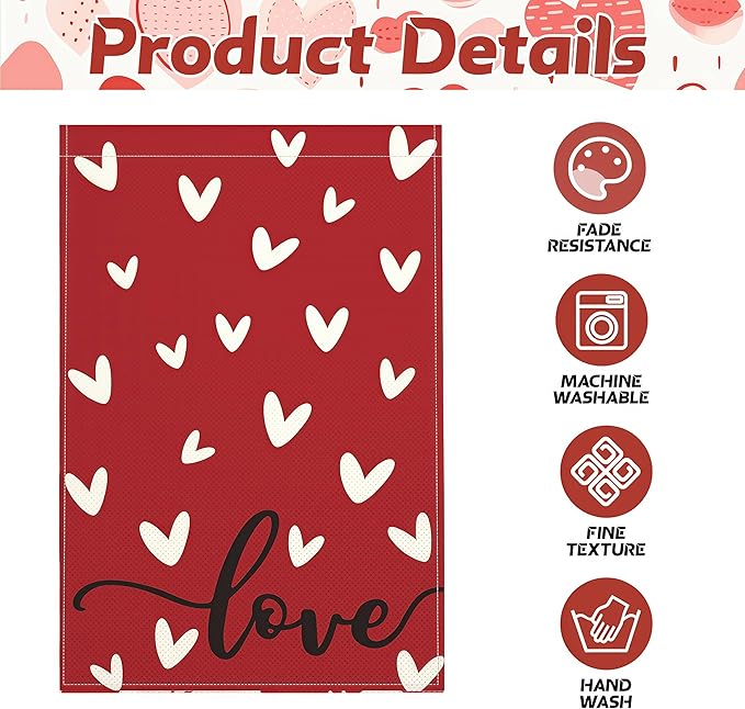 Valentines Day Garden Flag, 12x18 Inch Double Sided Red Love Hearts Design Hearts Rustic Anniversary Wedding Decor Indoor Outdoor Yard Flag Decoration