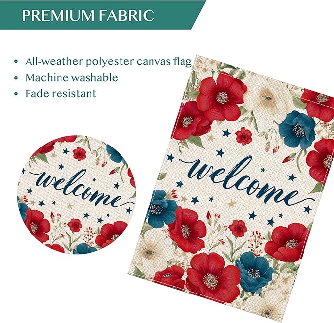 Patriotic Floral Welcome House Flag 28x40 Inch, Double Sided Burlap Red White Blue Flower Outdoor Yard Flag for Front Porch 4th of July Memorial Day Farmhouse Decor