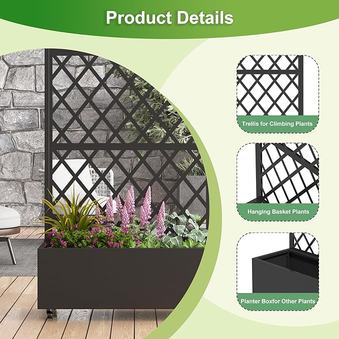 Casaphoria 72"x35" Metal Raised Garden Bed with Trellis(2 Pack), Outdoor Planter Box with Wheels & Drainage Holes for Climbing Plants, Flowers, Elevated Garden Kit with Privacy Screen, Black-Laurence