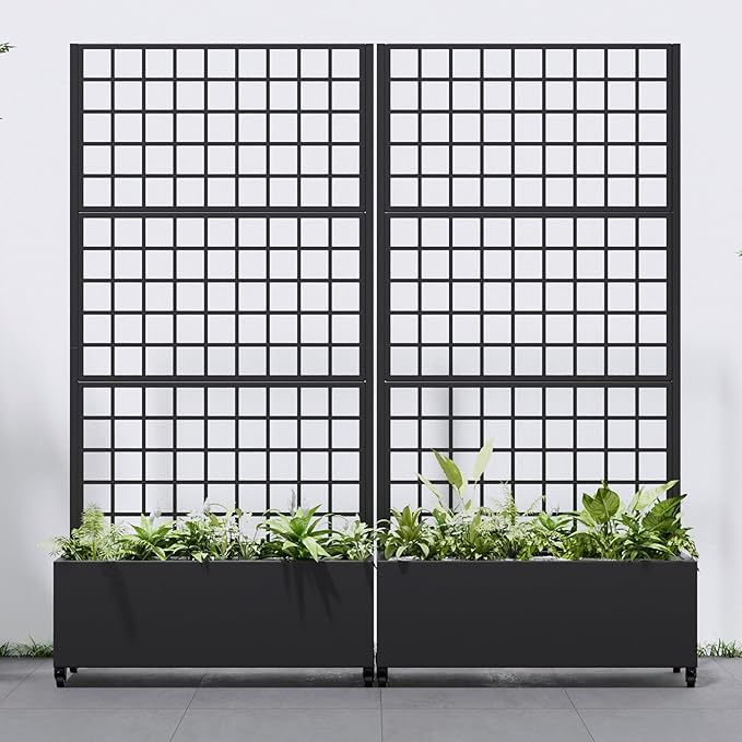 Casaphoria 72"x35" Metal Raised Garden Bed with Trellis(2 Pack), Outdoor Planter Box with Wheels & Drainage Holes for Climbing Plants, Flowers, Elevated Garden Kit with Privacy Screen, Black-Gird