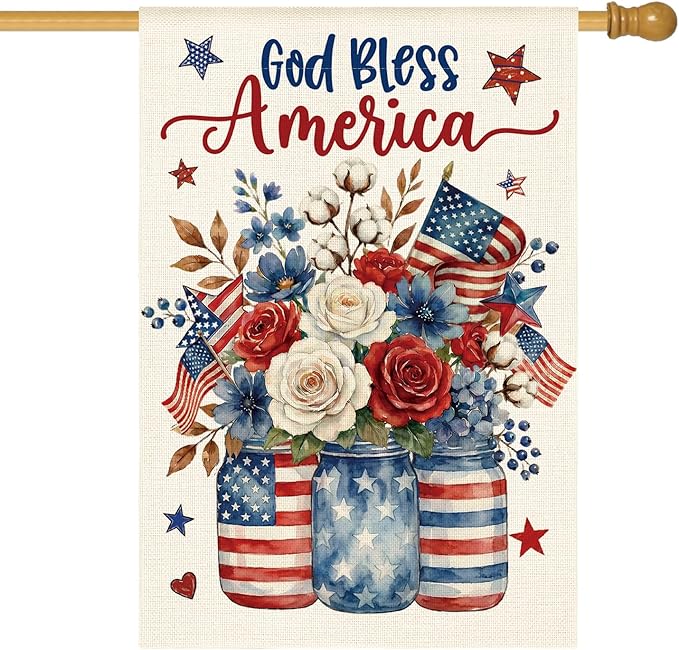 AVOIN colorlife God Bless America Mason Jar Patriotic House Flag 28x40 Inch Double Sided Outside, 4th of July Memorial Day Stars and Stripes Floral Yard Outdoor Decoration