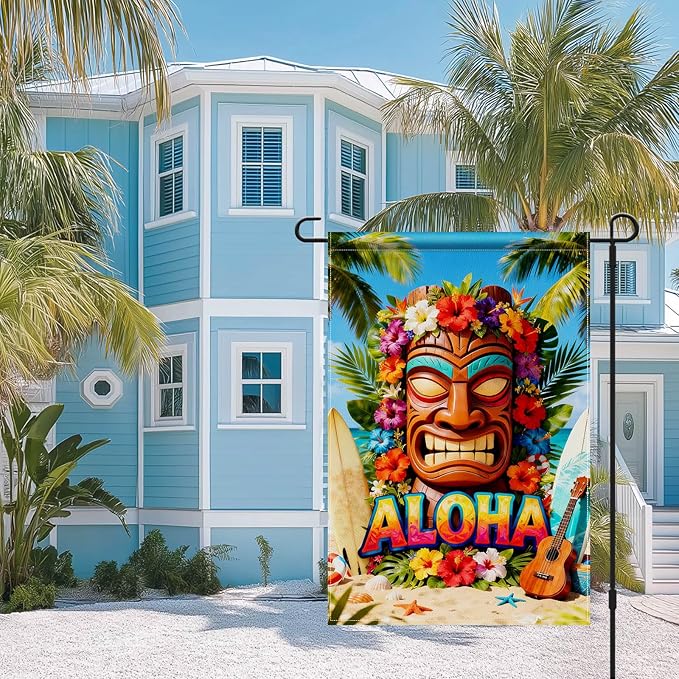 IVN Tiki Surf Aloha Garden Flag 12x18 Burlap Aloha Tiki Mask Surfboards Ukulele Sunshine Beach Ocean Palm Leaves Hibiscus Flowers Double Sided Summer Outdoor Yard House Flag for Outside Home Front Door Lawn Porch Patio Welcome Summer Decor