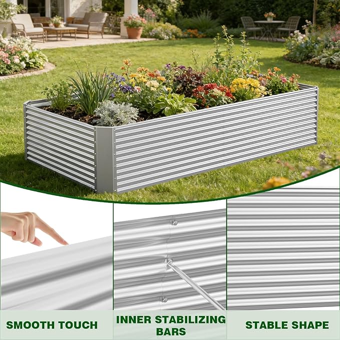 3 Pcs 4 x 2 FT Galvanized Steel Raised Garden Bed – Large Outdoor Planter Box for Vegetables, Herbs & Flowers, Heavy-Duty Metal Garden Box for Backyard Gardening