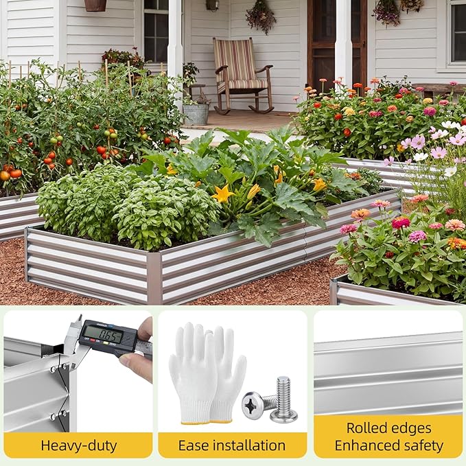 SUPERLELE 8x4x1ft Galvanized Raised Garden Bed, Thickened Metal Planter Box for Outdoor Vegetables & Flowers, Silver Large Garden Bed Kit, 96" L x 48" W x 12" H