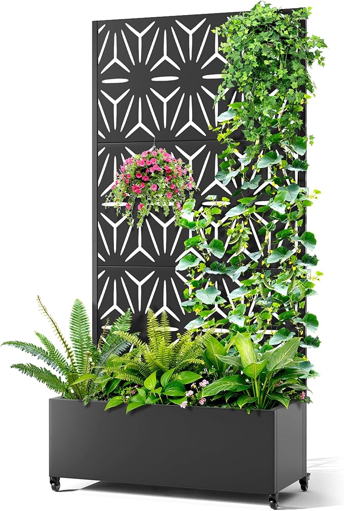 Metal Raised Garden Bed with Trellis, 2-in-1 Planter Box & Privacy Screen for Climbing Plants, Outdoor Standing Flower Bed with Drainage Holes, 35.4" L x 15.7" W x 70.1" H, Black-Star