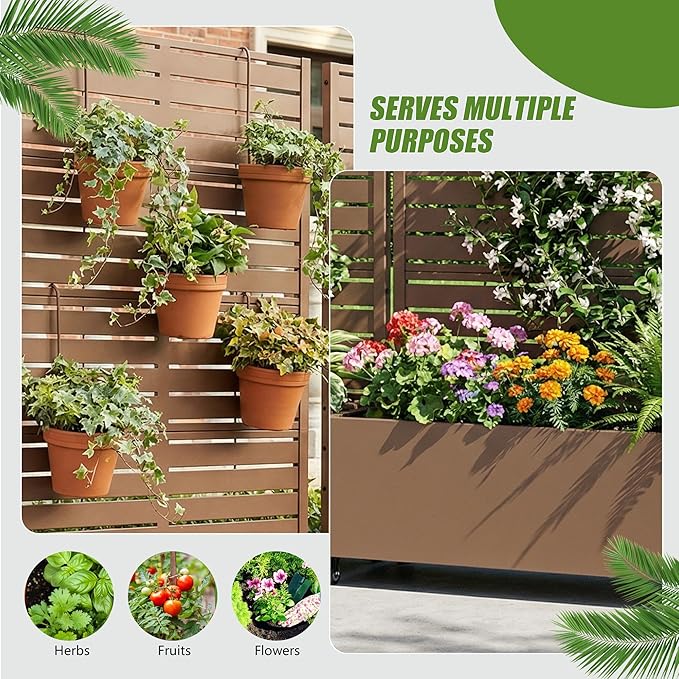 Casaphoria 72"x35" Metal Raised Garden Bed with Trellis(2 Pack), Outdoor Planter Box with Wheels & Drainage Holes for Climbing Plants, Flowers, Elevated Garden Kit with Privacy Screen, Brown-Louvered