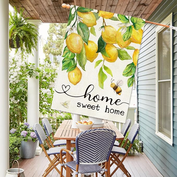 Baccessor Lemon House Flag Summer Bee Floral Home Sweet Home Large Yard Flag 28 X 40 Inch Double Sided Burlap Welcome Flag for Outside Outdoor Porch Decor