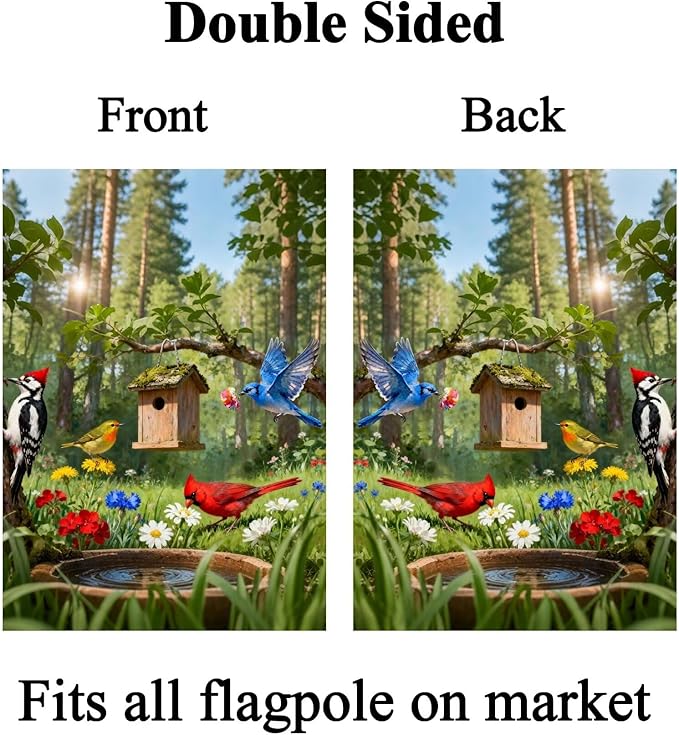 Birdhouse Cardinal Woodpecker Blue Bird Flowers Lush Woodland House Flag 28" x 40" Double Sided Polyester Welcome Large Yard Garden Flag Banners for Patio Lawn Home Outdoor Decor