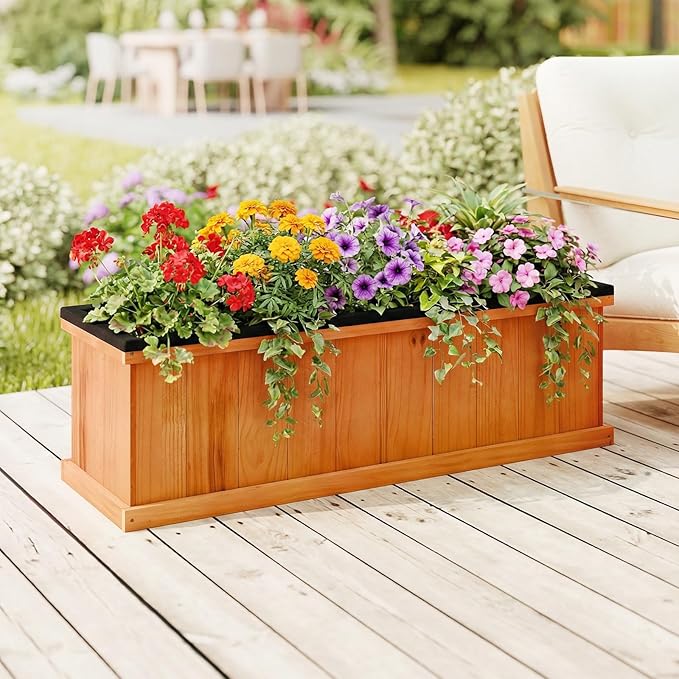 S AFSTAR Wooden Raised Garden Bed with Drainage Holes & Liner, Solid Fir Wood Planter Box for Flower Vegetable Herb, Outdoor Indoor Gardening Kit for Balcony Patio Backyard (40" x 13" x 12")