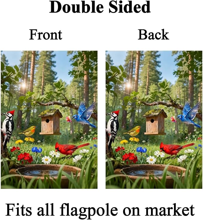 Birdhouse Cardinal Woodpecker Blue Bird with Flowers Lush Woodland Pool Garden Yard Flag 12"x 18" Double Sided Polyester Welcome House Flag Banners for Patio Lawn Outdoor Home Decor