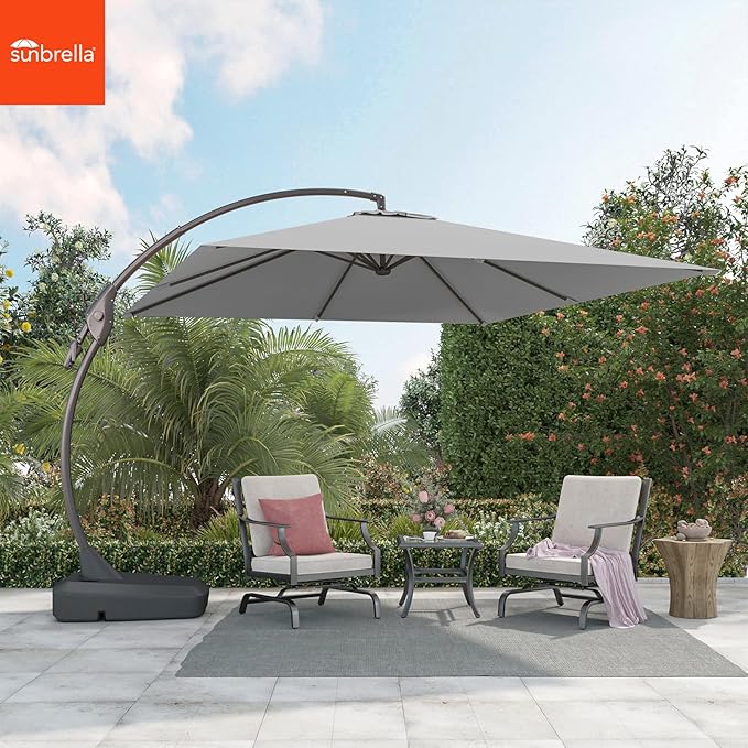 Grand patio 10X10 FT Sunbrella Offset Umbrella with Base Outdoor Square Aluminum Cantilever Umbrella Shade with Easy Tilt Adjustment (Charcoal, 10X10 FT-SUNBRELLA)